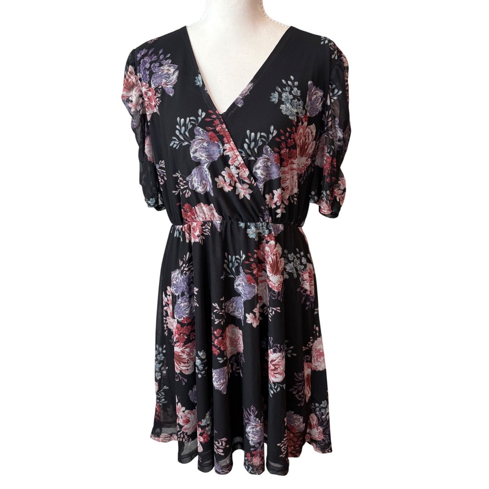 Maurices Womens Black Floral Mesh Surplice Wrap Mini Dress Medium Short Sleeve